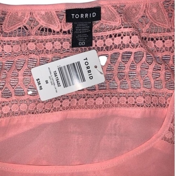 ✨Torrid Coral Tank Top Crochet Detail Sleeveless Layered Casual Blouse Size 00 - Picture 5 of 5